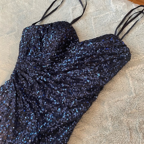 La Femme Royal Blue Sequin Evening Gown | Spaghetti Strap Slit Dress - Picture 2 of 4